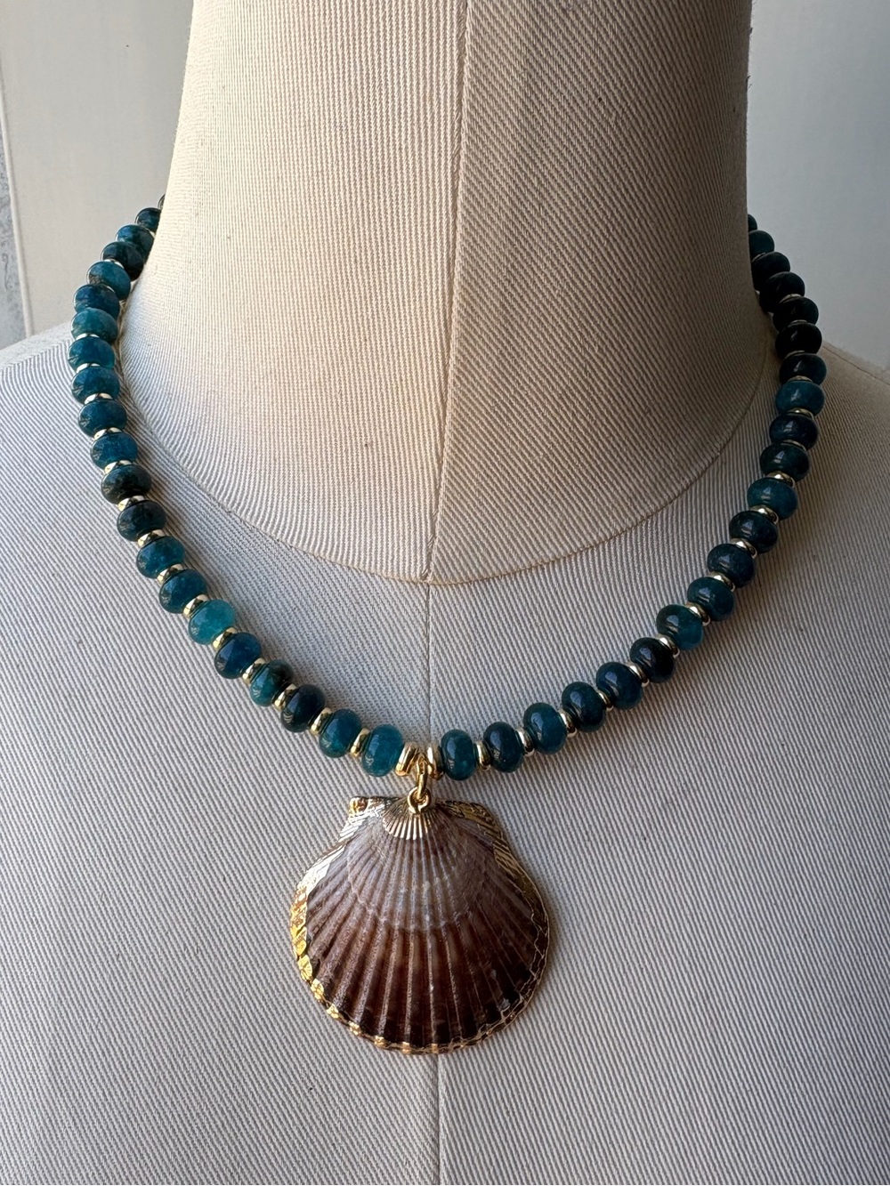 Teal Sea Green Blue Beaded Necklace with Natural Shell Pendant
